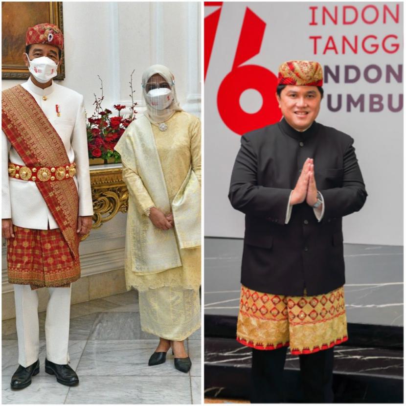 Presiden Joko Widodo dan Menteri BUMN Erick Thohir mengenakan pakaian adat Lampung dalam peringatan Hari Kemerdekaan RI ke-76 di Istana Merdeka, Jakarta, Rabu (17/8).