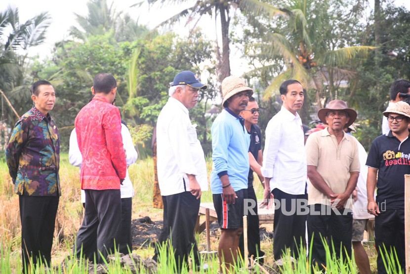 Presiden Joko Widodo didampingi Menteri PUPR Basuki Hadimuljono lokasi Program Padat Karya Tunai (PKT) irigasi di Desa Kukuh, Kecamatan Marga, Kabupaten Tabanan, Provinsi Bali.