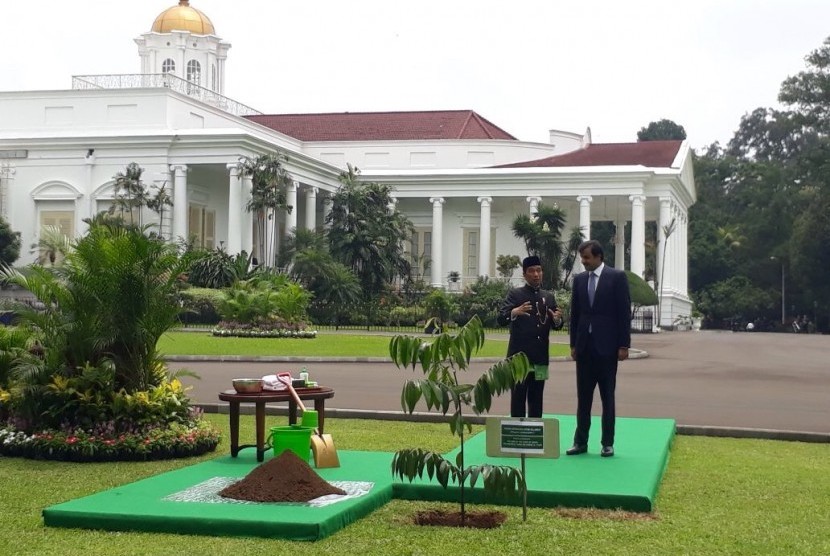 Presiden Joko Widodo (kiri) bersama Emir Qatar Syekh Tamim bin Hamad Al Thani menanam pohon eboni di halaman belakang Istana Bogor, Jawa Barat, Rabu (18/10).