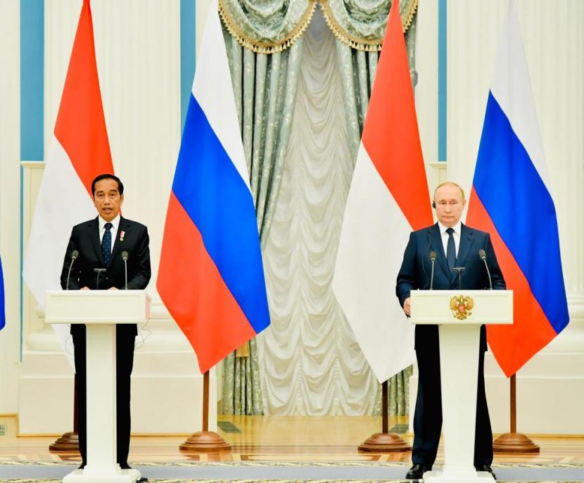 Presiden Jokowi dan Presiden Rusia Vladimir Putin saat memberikan keterangan pers bersama usai pertemuan di Istana Kremlin, Kamis (30/6).