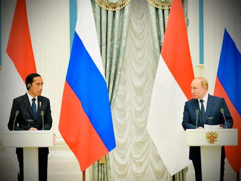 Presiden Jokowi dan Presiden Rusia Vladimir Putin saat memberikan keterangan pers bersama usai pertemuan di Istana Kremlin, Kamis (30/6).