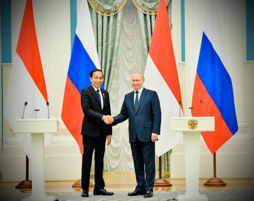 Presiden Jokowi dan Presiden Rusia Vladimir Putin di Istana Kremlin, Moskow, Rusia, Kamis (30/6/2022).