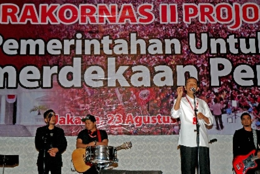 Presiden Jokowi hadiri Rakornas II Projo di Kelapa Gading, Jakarta Utara, Sabtu (23/8).