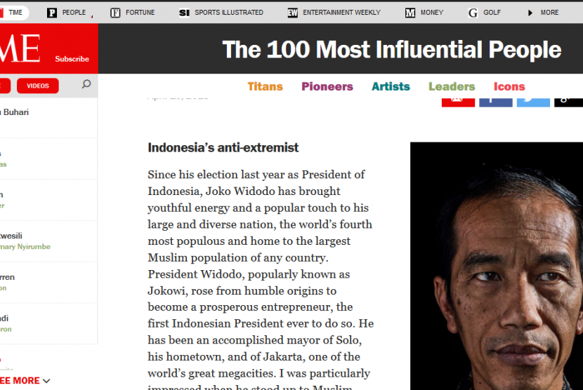 Presiden Jokowi masuk daftar 100 Orang Berpengaruh di Dunia 2015.
