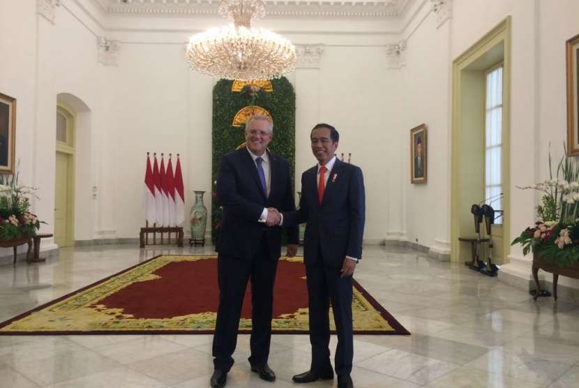 Presiden Jokowi menerima kunjungan kenegaraan Perdana Menteri Australia Scott Morrison di Istana Kepresidenan Bogor, Jawa Barat, Jumat (30/8). 