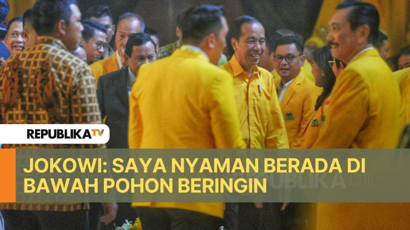 Presiden Jokowi sampaikan pernyataan nyaman di bawah pohon beringin pada arena Munas ke-11 Partai Golkar.