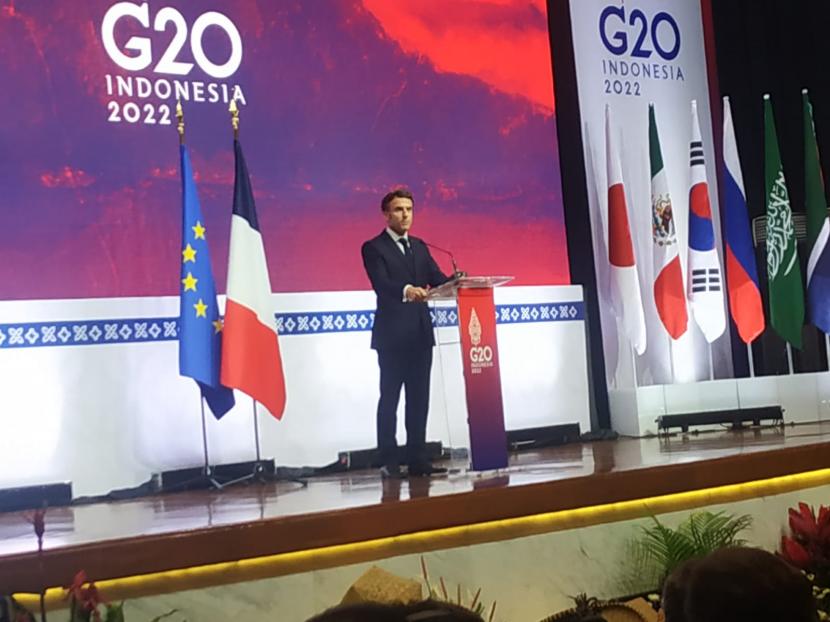 Presiden Perancis Emmanuel Macron memastikan komitmen Perancis dalam transisi energi dan ketahanan pangan yang menjadi pilar utama komunike KTT G20, Rabu (16/11). 