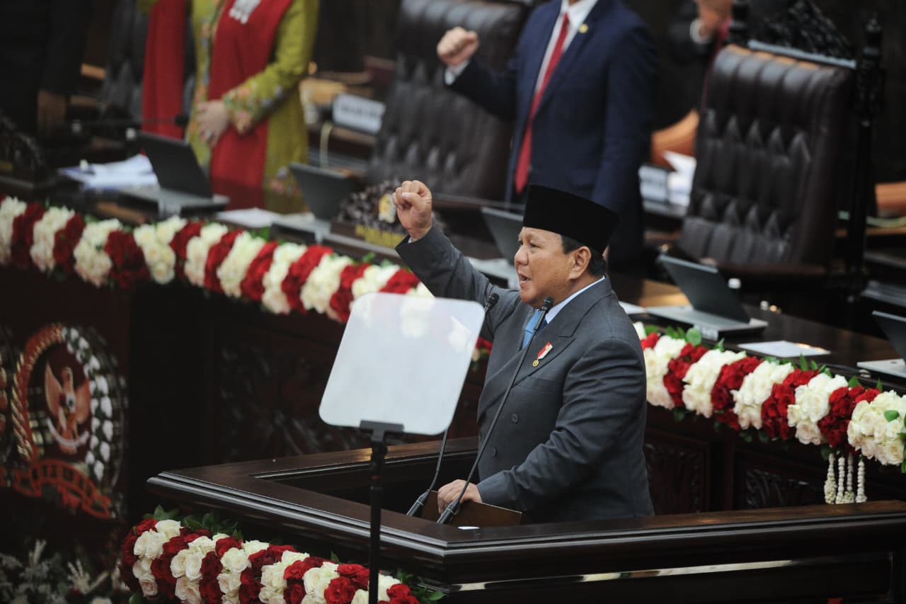 Presiden Prabowo Subianto dalam Sidang Tahunan MPR RI dan Sidang Bersama DPR-DPD RI Tahun 2025 di Gedung Nusantara, Kompleks Parlemen DPR RI, Jakarta, Jumat (15/8/2025).