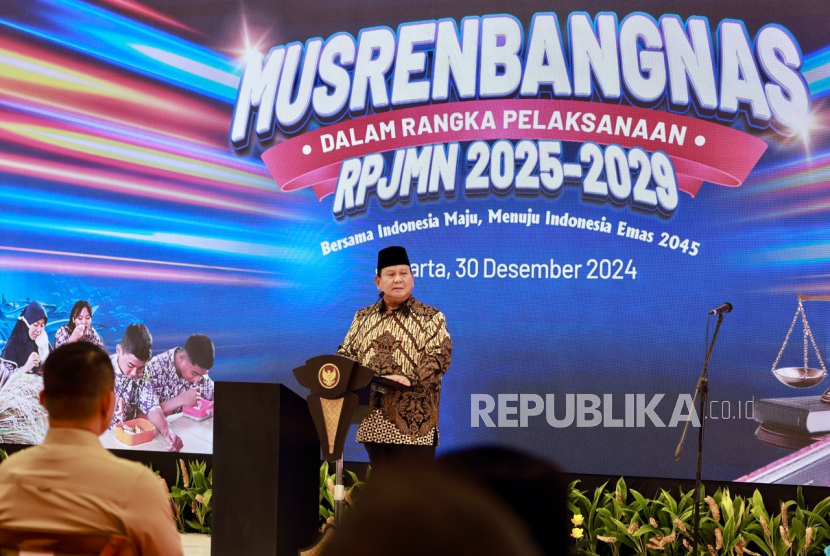 Presiden Prabowo Subianto di Gedung Bappenas, Jakarta Pusat, Senin (30/12/2024).