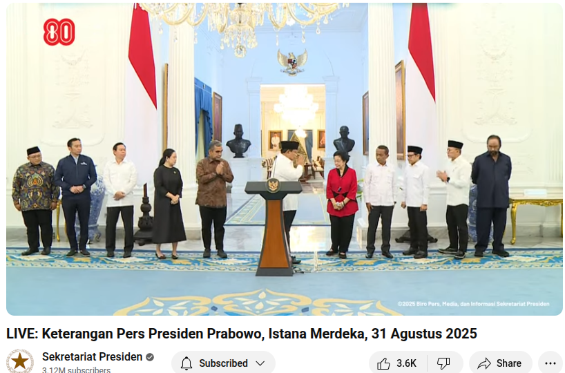 Presiden Prabowo Subianto didampingi sejumlah tokoh politik memberikan keterangan pers terkait situasi terkini Indonesia, Ahad (31/8/2025)