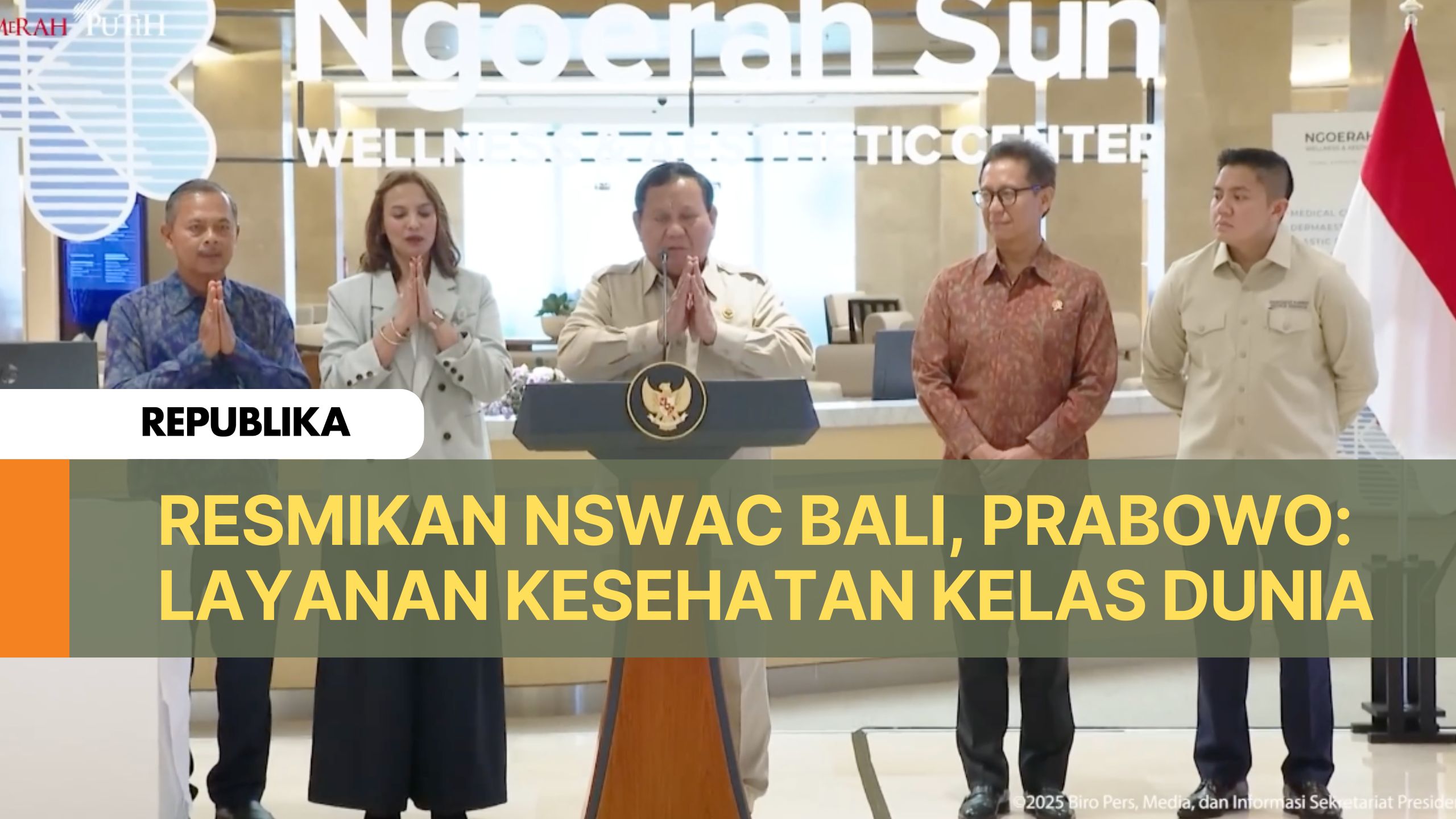 Presiden Prabowo Subianto meresmikan Ngoerah Sun Wellness dan Aesthetic Center (NSWAC) di Denpasar, Bali, untuk menghadirkan layanan kesehatan kelas dunia, sekaligus menekan pengeluaran devisa layanan medis WNI ke luar negeri.
