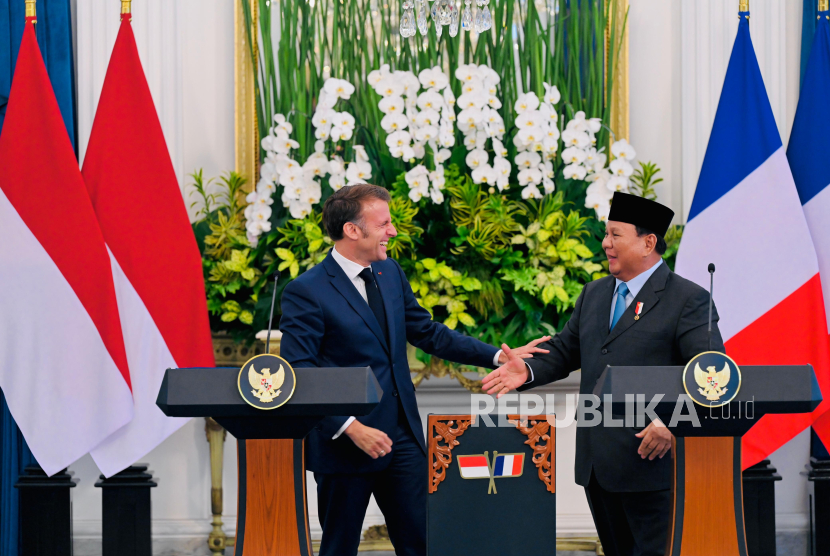 Presiden Prabowo Subianto saat joint statement bersama Presiden Prancis Emmanuel Macron di Istana Merdeka, Jakarta Pusat, Rabu (28/5/2025).