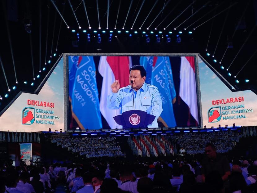 Presiden Prabowo Subianto saat memberikan sambutan dalam kegiatan Deklarasi GSN di Indonesia Arena, Senayan, Jakarta, Sabtu (2/11/2024).