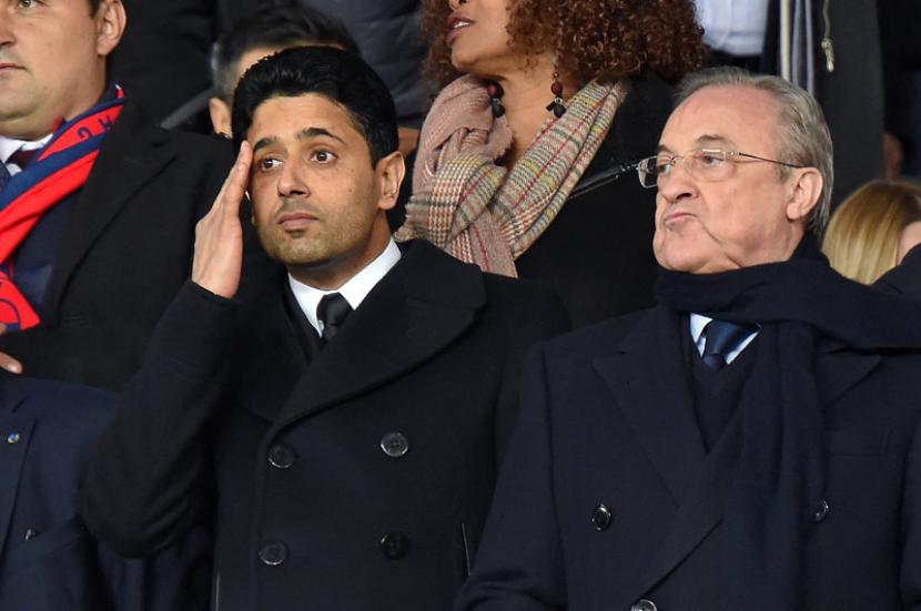 Presiden Real Madrid Florentino Perez (kanan) bersama Presiden Paris Saint-Germain (PSG) Nasser Al-Khelaifi (kiri).