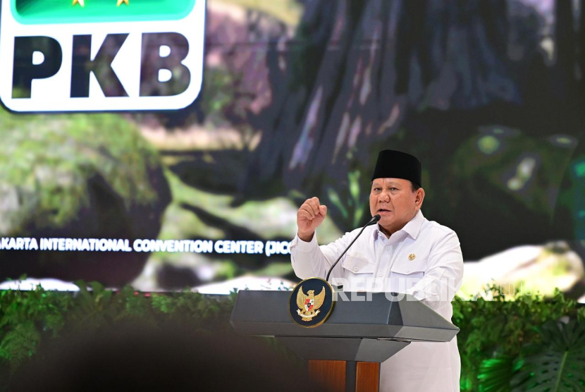 Presiden RI Jenderal (Purn) Prabowo Subianto berpidato dalam Harlah ke-27 PKB di Jakarta International Convention Center, Jakarta Pusat, Rabu (23/7/2026) malam WIB.