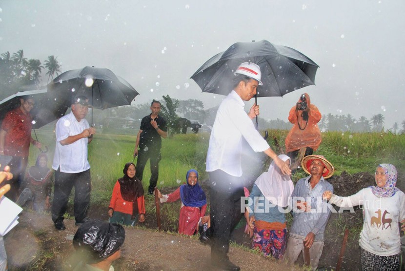 Presiden RI Joko Widodo bersama Menteri PUPR Basuki Hadimuljono meninjau lokasi pembangunan irigasi di Jorong Piliang, Nagari Kaum Limo, Kecamatan Kaum Lima, Kabupaten Tanah Datar, Kamis (8/2). 