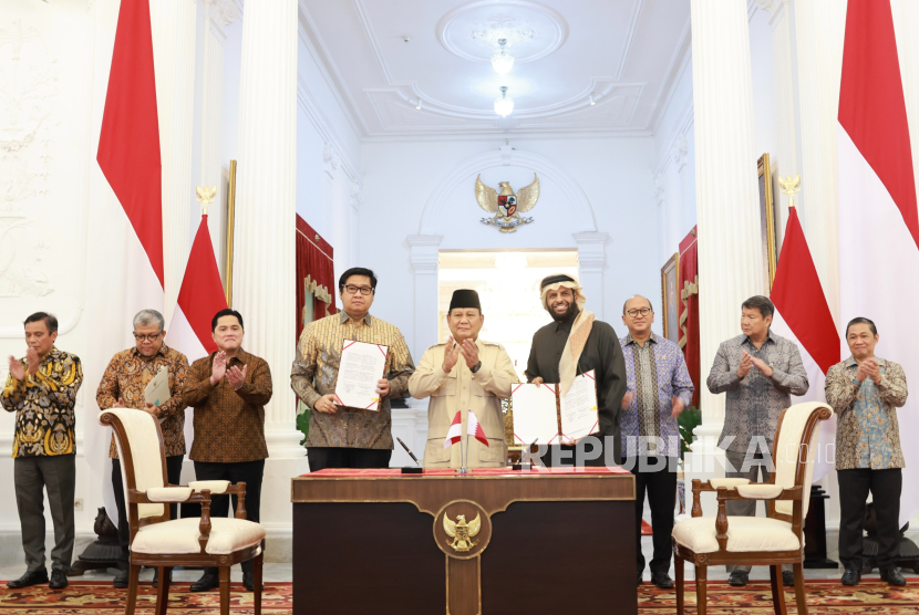 Presiden RI Prabowo Subianto berhasil menggaet investor Qatar dalam penandatangan kesepakatan atau MoU di Istana Merdeka, Jakarta Pusat, Rabu (8/1/2025). 