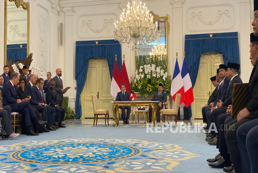 Presiden RI Prabowo Subianto dan Presiden Prancis Emmanuel Macron di Istana Merdeka, Jakarta Pusat, Rabu  (28/5/2025).
