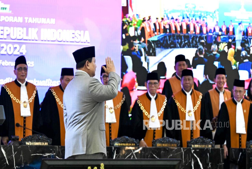 Presiden RI Prabowo Subianto di Balairung Gedung MA RI, Jakarta Pusat, Rabu (19/2/2025).