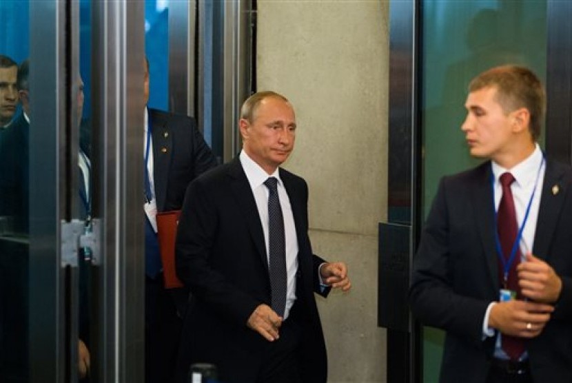 Presiden Rusia Vladimir Putin tiba di markas PBB di New York untuk menghadiri sidang umum tahunan, Senin (28/9).