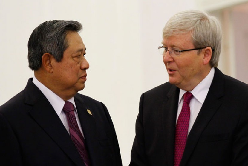 Presiden Susilo Bambang Yudhoyono menerima kunjungan Perdana Menteri Australia Kevin Rudd (kanan) di Istana Kepresidenan Bogor, Jawa Barat, Jumat (5/7).
