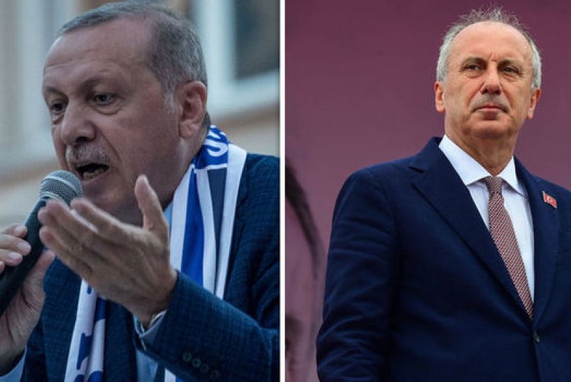Presiden Turki Recep Tayyip Erdogan (kiri) dan pesaing utamanya, Muharrem Ince (kanan).