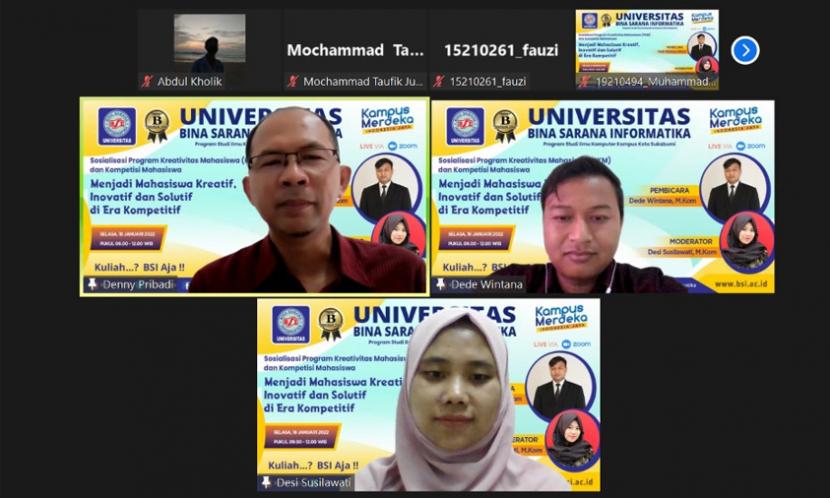 Prodi Ilmu Komputer Universitas Bina Sarana Informatika kampus Sukabumi mengadakan seminar Pekan Kreativitas Mahasiswa (PKM) dan Kompetisi Mahasiswa, secara daring pada Selasa (18/1/2022).