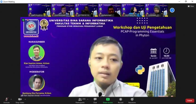  Prodi Rekayasa Perangkat Lunak (RPL) Universitas Bina Sarana Informatika (UBSI) beri pembekalan pada mahasiswa untuk mengikuti uji pengetahuan PCAP–Programming Essentials in Python dengan menyelenggarakan virtual workshop, Senin (26/7).