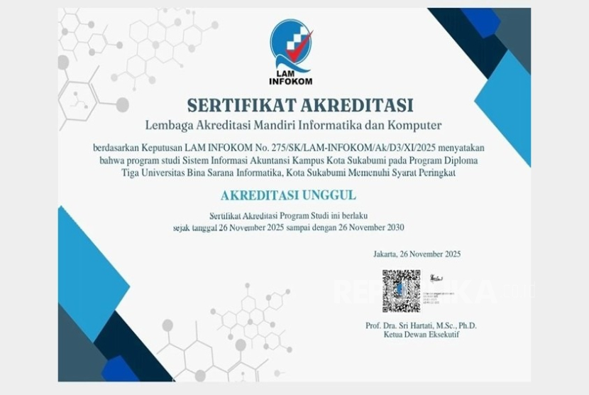 Prodi Sistem Informasi Akuntansi (SIA) kampus Sukabumi berhasil meraih Akreditasi Unggul dari Lembaga Akreditasi Mandiri Informatika dan Komputer (LAM INFOKOM). 