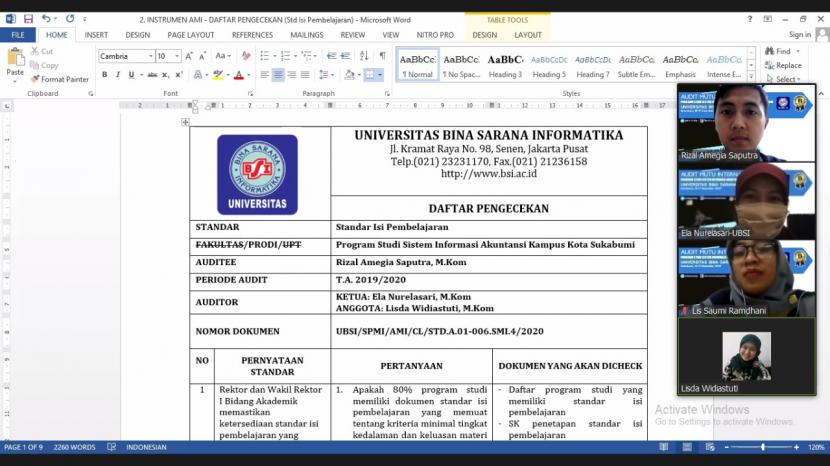  Prodi  Sistem Informasi Akuntansi (SIA), Kampus UBSI Sukabumi melaksanakan Audit Mutu Internal (AMI).