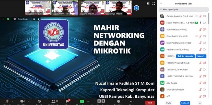 Prodi Teknologi Komputer Kampus Universitas Bina Sarana Informatika (UBSI) Banyumas menggelar webinar NEXT bertema ‘Mahir Networking dengan Mikrotik’.