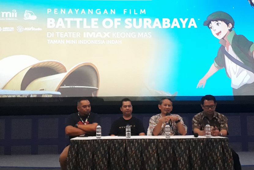 Produser, Muhammad Suyanto, saat konferensi pers penayangan Battle  of Surabaya di Theater Imax Keong Mas TMII, Ruang Cinema Universitas Amikom  Yogyakarta, Jumat (5/4). 