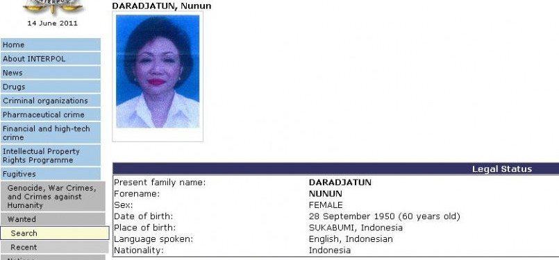 Profil Nunun di laman Interpol