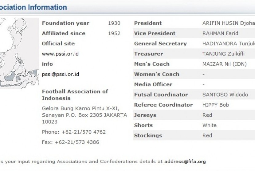 Profil PSSI dan Timnas di situs FIFA, Senin (18/3)