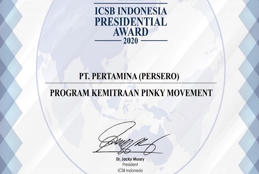 Program kemitraan Pinky Movement Pertamina berhasil meraih penghargaan dari ICSB (International Council for Small Business) Indonesia dalam agenda ICSB Indonesia Presidential Award 2020. Penghargaan diterima langsung oleh VP CSR & SMEPP PT Pertamina (Persero), Arya Dwi Paramita pada Kamis, (6/8). 
