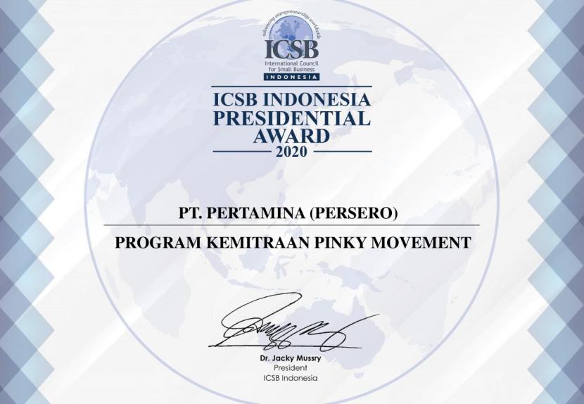 Program kemitraan Pinky Movement Pertamina berhasil meraih penghargaan dari ICSB (International Council for Small Business) Indonesia dalam agenda ICSB Indonesia Presidential Award 2020