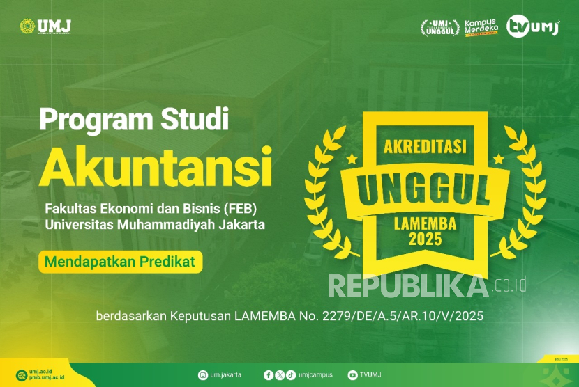 Program Studi Akuntansi, Fakultas Ekonomi dan Bisnis UMJ kembali memperoleh predikat unggul. Akreditasi ini berlaku selama lima tahun dari 9 Mei 2025 hingga 9 Mei 2030.