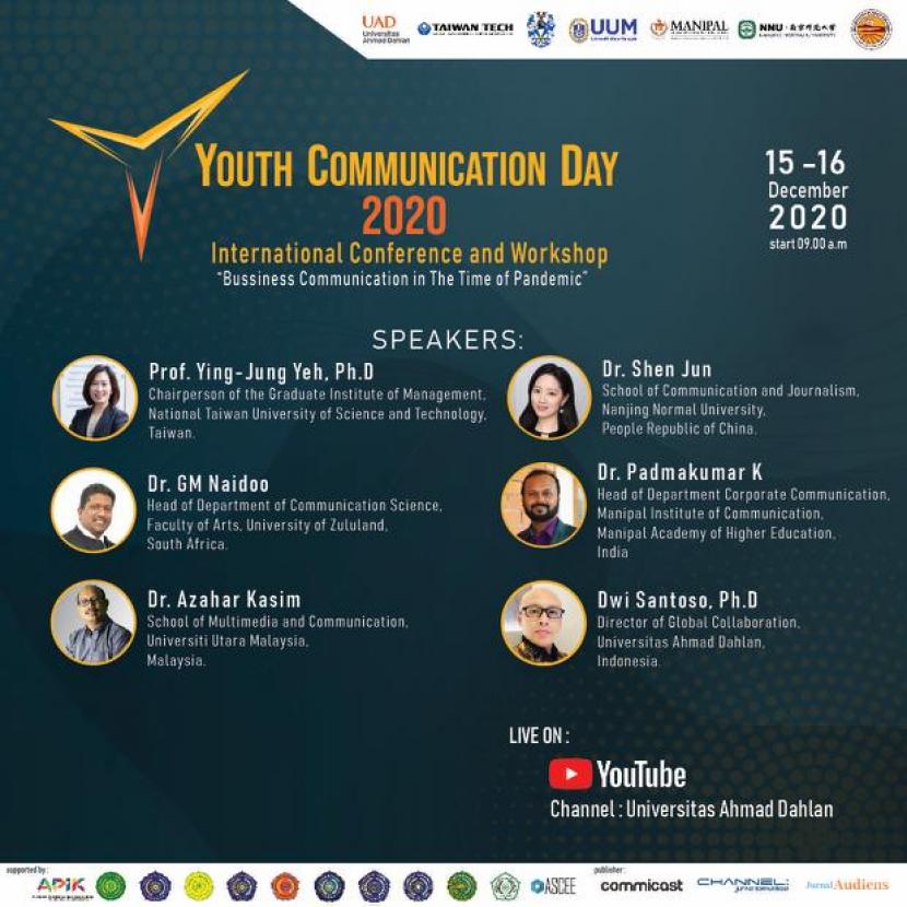 Program Studi Ilmu Komunikasi Universitas Ahmad Dahlan Yogyakarta telah melaksanakan Konferensi Internasional, Youth Communication Day dengan tema Business Communication In the Time of Pandemic yang diselenggarakan pada Selasa (15/12) hingga Rabu (16/12) secara online. 