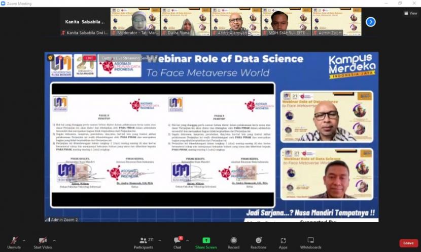 Program Studi (prodi) Sains Data, Fakultas Teknologi Informasi (FTI) Universitas Nusa Mandiri (UNM), sukses mengadakan webinar dengan tema “Role of Data Science to Face Metaverse World”, yang digelar secara daring,