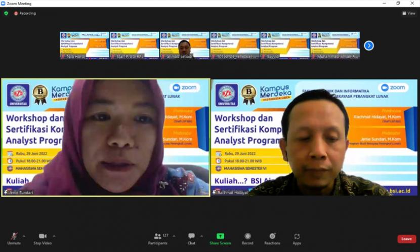 Program Studi Rekayasa Perangkat Lunak (RPL) Universitas BSI (Bina Sarana Informatika), menggelar acara pembekalan pada mahasiswa, sebelum mereka mengikuti sertifikasi kompetensi program analyst dengan virtual workshop.