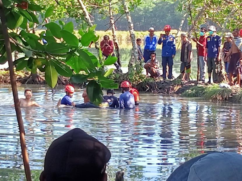 Proses evakuasi lumba-lumba yang terjebak di empang milik warga di Desa Marannu, Kecamatan Lau, Maros, Sulsel.