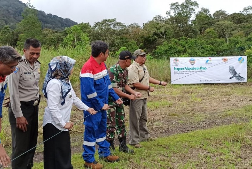 Proses pelepasliaran sepasang elang ular di kawasan Talaga Bodas, Kabupaten Garut, Rabu (5/1). 