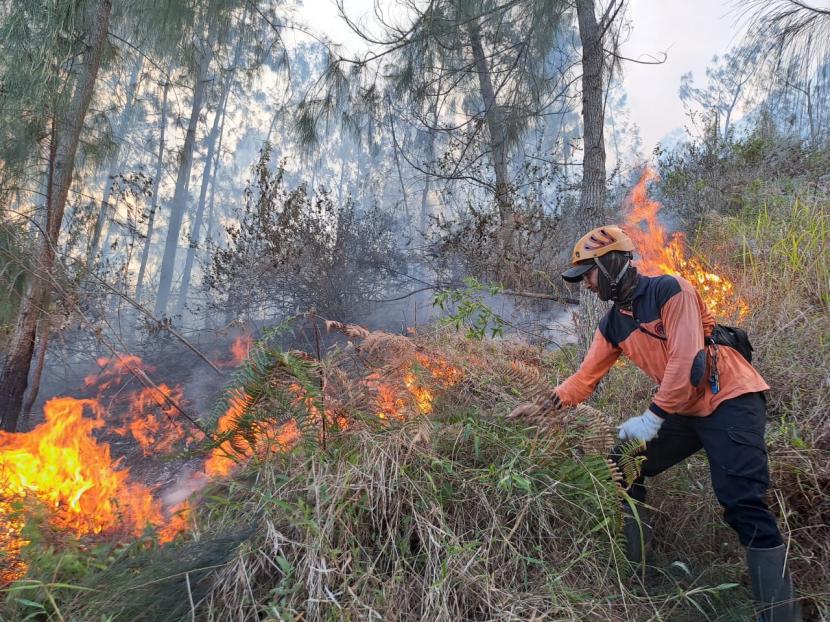 Proses pemadaman api di lereng Gunung Panderman, Kota Batu, Provinsi Jawa Timur, Kamis (23/11/2023).