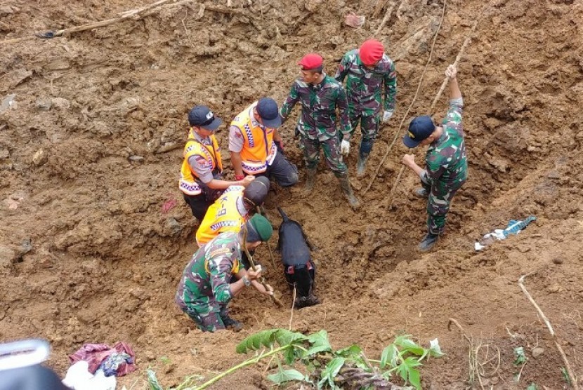 Proses pencarian korban longsor di Cijeruk, Bogor, Selasa (6/2).