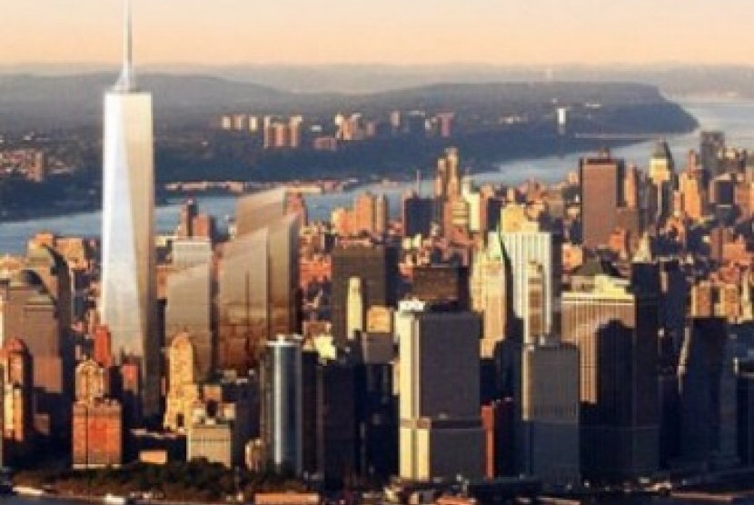 Proyeksi gedung One WTC dalam lingkungan Kota New York. Pembangunan kembali World Trade Center kini terganjal situasi pandemi Covid-19. Ilustrasi.