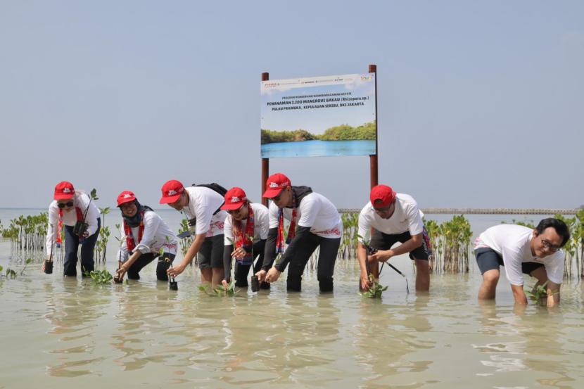 PT Astra Honda Motor (AHM) menanam 3.200 pohon mangrove bakau di Pulau Pramuka, Kepulauan Seribu, Jakarta, Ahad (25/8/2024).