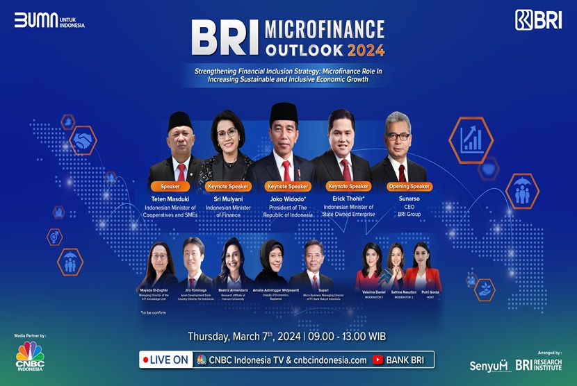 PT. Bank Rakyat Indonesia (Persero) Tbk kembali menyelenggarakan BRI Microfinance Outlook 2024 yang akan berlangsung 7 Maret 2024 mendatang. BRI Microfinance Outlook kali ini membahas strategi untuk mendukung pertumbuhan ekonomi yang inklusif dan berkelanjutan
