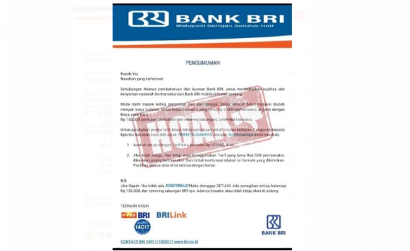 PT Bank Rakyat Indonesia (Persero) Tbk mengklarifikasi informasi soal pungutan biaya administrasi perbankan sebesar Rp 150 ribu perbulan yang dikenakan kepada nasabah.