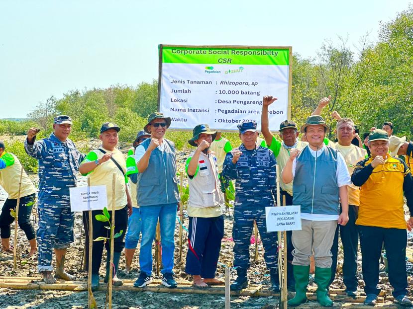  PT Pegadaian Wilayah X Jabar bersama sejumlah pihak menanam 10 ribu pohon mangrove di area lautan Cirebon, belum lama ini. 