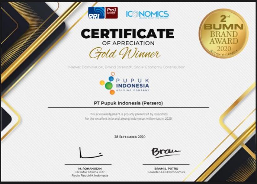 PT Pupuk Indonesia (Persero) meraih penghargaan dalam ajang RRI ICONOMICS BUMN Brand Award 2020. Pupuk Indonesia dinobatkan predikat Gold Winner untuk kategori 